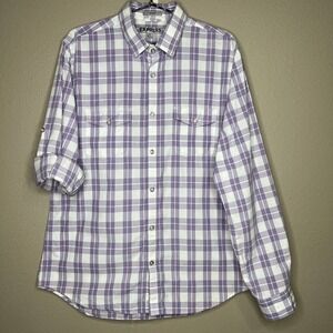 Express Men's Fitted Purple & White Plaid Long Sleeve Button-up Shirt